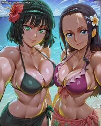 2girls abs ai_generated asymmetrical_docking beach bikini black-haired_female black_bikini black_hair blue_eyes blue_sky breast_press breasts cleavage closed_mouth cloud collarbone dandanhub dark-skinned_female day female female_only flower frilled_bikini frills fubuki_(one-punch_man) green-haired_female green_bikini green_eyes green_hair hair_flower hair_ornament hibiscus large_breasts long_hair looking_at_viewer multiple_girls navel nico_robin ocean one-punch_man one_piece outdoors purple_bikini sarong selfie shiny_skin short_hair sky smile stomach swimsuit symmetrical_docking tan toned water wet