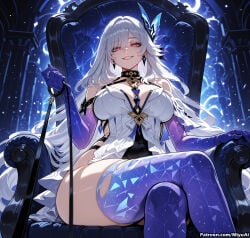 1girl ai_assisted ai_generated ass bangs bare_shoulders blue_gloves blue_legwear breasts cleavage crossed_legs curvaceous curvy curvy_female curvy_figure dress earrings elbow_gloves female from_below garter_straps genshin_impact gloves grin hair_ornament jewelry large_breasts long_hair looking_at_viewer miyuai pink_eyes purple_legwear silver_hair sitting skirk_(genshin_impact) smile solo thick thick_ass thick_butt thick_hips thick_legs thick_thighs thighhighs thighs voluptuous voluptuous_female wide_hips wide_thighs