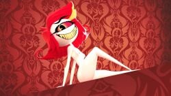 1girl 1girls 3d 3d_(artwork) hazbin_hotel looking_at_viewer looking_down niffty niffty_(hazbin_hotel) nipple_slip nude nude_female shit_eating_grin sitting small_breasts spindlehorse_toons
