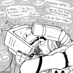2boys artist:kunaigirl begging begging_for_more bite biting black_and_white blushing dialogue drool drooling fan_art gay gay_male gay_sex glitch_productions gunshow_(smg4_ship) heavy_breathing kunaigirl licking licking_neck moan moaning mouth_open mouth_shot mr._puzzles mr._wpnz neck_biting neck_kissing non-human non-human_penis object_head panting praise robot robot_sex robots screen_face smg4 sucking sweat sweatdrop sweating tv_head