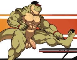 2025 abs anthro balls biceps body_hair calf_muscles chest_hair claws clothing countershade_face countershade_torso countershading darknaigart deltoids dinosaur foreskin genitals green_body hat hat_only headgear headgear_only headwear headwear_only hi_res humanoid_genitalia humanoid_penis jace_(darknaig) male mostly_nude muscular muscular_anthro muscular_male muscular_thighs navel nipples pecs penis prehistoric_species reptile saurischian scalie solo stretching stubble theropod trapezius tyrannosaurid tyrannosauroid tyrannosaurus tyrannosaurus_rex vein veiny_penis
