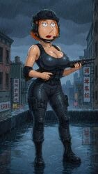 ai_generated erect_nipples_under_clothes family_guy huge_breasts latex_bodysuit lois_griffin raining thighs