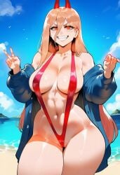 ai_generated beach bikini bikini_top blonde_hair chainsaw_man fangs horns jacket jacket_open power_(chainsaw_man) public red_bikini slingshot_swimsuit white_skin