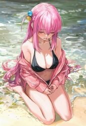 1girl 1girls artist_request bikini black_bikini bocchi_the_rock! collarbone female hair_ornament highres large_breasts navel open_mouth outdoors pink_hair sand sitting soaking_feet solo solo_focus stomach water