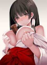 1girl areola_slip bare_shoulders between_breasts black_hair blush breasts breasts_squeezed_together breath brown_eyes closed_mouth hair_tubes hakama hakama_skirt highres japanese_clothes large_breasts long_hair looking_at_viewer machimura_komori miko no_bra nose_blush omikuji open_clothes open_shirt original red_hakama shirt simple_background skirt solo sweat upper_body white_background white_shirt wide_sleeves