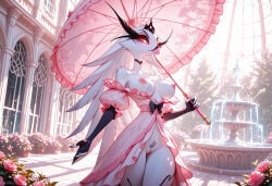 ai_generated avian avian_humanoid demon female female_only hellaverse helluva_boss milf nipples open_dress pink_dress revealing_clothes revealing_dress royal solo_focus stella_(helluva_boss) umbrella vivienne_medrano vivziepop