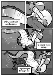 absurd_res anus belly big_belly border bottomwear clothing comic crop_top crowning_feces denim denim_bottomwear denim_clothing dialogue dialogue_box disposal dragon english_text excessive_feces feces freakette gynomorph hi_res hyper hyper_feces intersex jeans monochrome mythological_creature mythological_scalie mythology pants pooping puffy_anus scalie shirt solo_focus text topwear vore white_border
