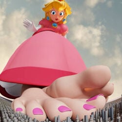 blonde_female blonde_hair blue_eyes feet fioracle foot_fetish giant giant_female giantess gigantic_feet gigantic_female macro_female micro_city nintendo princess_peach super_mario_bros.
