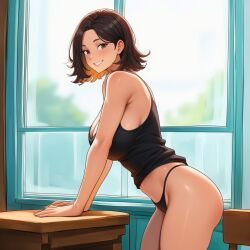 ai_generated big_breasts brown_hair brunette original_character sleeveless thong wavy_hair