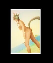 ass beach big_breasts cat_ears cat_tail different_eye_color final_fantasy_xiv gpose_(ffxiv) gray_hair green_highlights long_hair mask miqo'te nipples nude outdoors picture pin_up samantha_oconnor