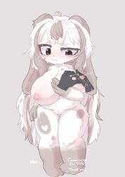 2d 2d_(artwork) anthro breasts digital_drawing_(artwork) digital_media_(artwork) female female_focus fur furry korean_text multicolored_fur squeezing squeezing_breast tears text ttaki