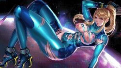 1girls animated blonde_hair blue_eyes breasts cameltoe cum female female_only fully_clothed hairband heels itzah looking_at_viewer metroid metroid_prime nintendo pixel_art ponytail samus_aran shiny_clothes tagme thick_thighs tight_clothing video weapon zero_suit zero_suit_samus