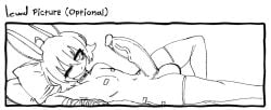 2025 ahoge anthro arm_wraps balls band-aid bandage big_balls big_penis choker clothed clothing collar crossdressing femboy genitals hair humanoid jewelry lagomorph legwear leporid lying male mammal midriff monochrome navel necklace nipple_tape one_eye_closed pasties penis pillow pose probablyavv rabbit rabbit_ears short_hair slim solo tape text thigh_highs vein veiny_penis wink wraps