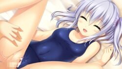 blood censored game_cg gray_hair kagura_yuu otonari_koi_sensou penis pussy_juice school_swimsuit sex shirakawa_hotaru short_hair sugar_house swimsuit tied_hair twintails