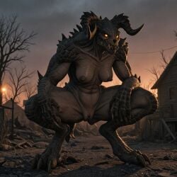 ai_generated anthro athletic_female average_breasts deathclaw fallout female female_anthro female_only glowing_eyes grey_body hard_nipples horns nightmare_waifu pussy rataddict scales scalie solo squatting