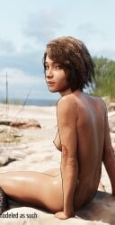 1girls 3d 3d_(artwork) 3d_model 3d_render amputee areolae beach blender blender_(software) branding_mark breasts breasts_out brown_eyes brown_hair clementine_(the_walking_dead) drills3d female female_focus female_only light-skinned_female light_skin looking_at_viewer looking_back medium_hair nipples nude nude_female outdoors outside petite prosthetic prosthetic_leg prosthetic_limb scars sitting sitting_on_sand small_breasts solo_female solo_focus the_walking_dead the_walking_dead_game thighs topless