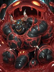 1boy about_to_be_eaten ai_art ai_generated anthro balls bara big_muscles big_pecs black_body black_fur blizzard_entertainment bondage bovid bovine bull cattle clenched_teeth fur furry gay glowing_eyes goo goo_creature goonerism helmet horned_helmet horns huge_cock lactation male_lactation milk_squirt minotaur minotaur_reinhardt muscular muscular_male nipples nose_ring overwatch overwatch_2 patreon pecs penis self_upload slime slime_(substance) slime_bondage slime_monster slime_pit solo stuck_in_goo stuck_in_slime tentacle watermark yaoi