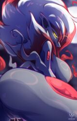2026 absurd_res anthro areola arm_tuft big_breasts breasts butt elbow_tuft female female_anthro generation_5_pokemon generation_8_pokemon genitals glistening glistening_butt grey_body grey_skin hair hi_res hip_tuft hisuian_form hisuian_zoroark huge_breasts long_hair looking_back nintendo nipples pink_areola pink_nipples plump_labia pokemon pokemon_(species) puffy_areola pupils rear_view red_hair_tips regional_form_(pokemon) sharp_fangs signature slit_pupils snout solo spectral_draw tuft vulva white_hair yellow_sclera zoroark