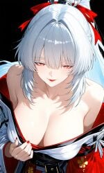 1girl 1girls ai_generated bare_shoulders big_breasts cleavage female female_only hiyuki_(wuthering_waves) impacter japanese_clothes kimono kimono_down looking_up looking_up_at_viewer red_eyes solo solo_female white_eyelashes white_hair wuthering_waves