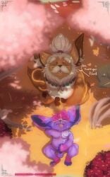 5:8 anthro belly big_ears bodily_fluids bunzillaking claws collar curly_hair digital_media_(artwork) duo eyes_closed facial_hair forest genital_fluids genitals hair hi_res high-angle_view holding_penis humanoid_genitalia humanoid_penis kobuko league_of_legends looking_pleasured lying male male/male markings masturbation mustache narrowed_eyes nipples nude on_back outside paws pecs peeing penis plant ponytail purple_body purple_eyes riot_games smile standing_over tencent tongue tongue_out tree urine urine_on_chest urine_on_face urine_on_tongue watermark watersports yordle