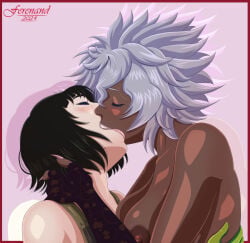 2girls big_breasts black_hair breasts brown_nipples dark-skinned_female dark_skin female female_only ferenand holly_summers kissing lesbian light-skinned_female light_skin nipples no_more_heroes shinobu_jacobs silver_hair