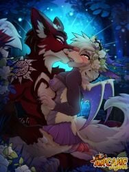 3:4 accessory anthro arcanelynx bottomwear canid canine clothed clothing clothing_lift dragon duo female flower flower_in_hair forest_background fox genitals hair hair_accessory holding_leg holding_thigh hybrid male male/female mammal mythological_creature mythological_scalie mythology night penis plant romantic romantic_couple scalie shirt shirt_lift skirt topwear