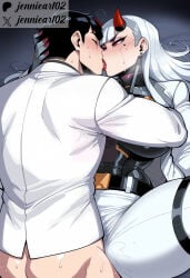 1boy 1girl ai_generated ass belt black_hair blush breasts closed_eyes clothed_sex clothing earrings female french_kiss hetero horns hug implied_sex jacket jennieart02 jewelry kiss large_breasts long_hair lying male mole mole_under_eye omnic oni overwatch overwatch_2 patreon_logo patreon_username red_eyes red_horns red_nails sex shion_(overwatch) short_hair spread_legs sweat thick_thighs thighs tongue twitter_logo white_hair white_pants