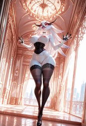 ai_generated avian avian_humanoid corset demon female female_only hellaverse helluva_boss milf nipples pussy royal solo_focus stella_(helluva_boss) thigh_highs thighhighs vivienne_medrano vivziepop