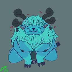 1:1 2025 3_toes 4_fingers anthro antlers artist_name black_nipples black_nose black_sclera blue_body blue_eyes blue_fur claws dark_penis demi_owo digital_drawing_(artwork) digital_media_(artwork) erection eyebrows feet finger_claws fingers foreskin fur genitals glowing glowing_eyes grey_background hands_on_ground heart_symbol hi_res horn humanoid_genitalia humanoid_penis league_of_legends looking_at_viewer looking_up looking_up_at_viewer male mane moobs multicolored_penis nipples no_pupils overweight overweight_anthro overweight_male partially_retracted_foreskin penis pink_inner_ear pink_penis riot_games signature simple_background smile solo tencent text thick_eyebrows toe_claws toes tusks white_body white_fur willump_(lol) yeti
