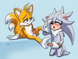 4:3 anthro balls blush bodily_fluids canid canine canis clothing cum cum_on_clothing cum_on_footwear cum_on_socks cumshot duo ejaculation erection eulipotyphlan feet foot_fetish foot_focus foot_play footjob footwear fox fur genital_fluids genitals gloves handwear hedgehog hi_res male male/male mammal masturbation miles_prower nude open_mouth penis prismanoodle sega sex silver_the_hedgehog simple_background smile sock_fetish sockjob socks sonic_the_hedgehog_(series)