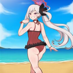 1girl ai_generated ass back beach blue_archive blush clenched_teeth female_only flower_in_hair frilled_swimsuit from_behind from_behind_position hair_ornament halo legs long_hair mutsuki_(blue_archive) one-piece_swimsuit outdoors petite petite_body petite_breasts petite_female petite_girl ponytail self_upload smile smiling smiling_at_viewer smug_expression smug_smile solo_female standing swimsuit thighs very_long_hair white_hair