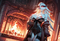 ai_generated avian avian_humanoid babydoll demon female female_only fire hellaverse helluva_boss lingerie milf nightgown nightie nipples royal solo_focus stella_(helluva_boss) thigh_highs thighhighs vivienne_medrano vivziepop