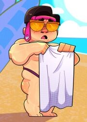 alternate_version_at_source beach_background beach_towel blushing brawl_stars chubby_male cody_lane glasses jae-yong_(brawl_stars) male_only no_visible_genitalia tagme thong tie towel_covering_crotch