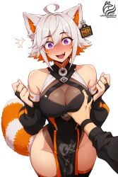 1boy 1girl ai_assisted ayakonarts demenishki grabbing_another's_breast leotard orange_hair pov purple_eyes see-through_clothing vtuber white_hair
