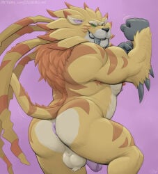 absurd_res anthro anus balls bandai_namco biceps digimon digimon_(species) dudebulge genitals hi_res humanoid_genitalia humanoid_penis looking_at_viewer male mane nipples nude penis saberleomon solo