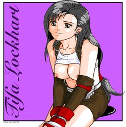 1990s 1997 1girls 20th_century acid_junkie breasts breasts_out character_name clothed clothing female female_only final_fantasy final_fantasy_vii gloves human pale_skin partially_clothed sitting solo tagme tifa_lockhart