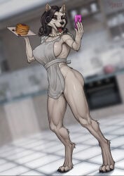 4_toes 5_fingers anthro apron apron_only barely_visible_genitalia barely_visible_vulva black_hair black_nose canid canine canis cellphone clothing electronics fangs feet female fingers food fur gem genitals hair hi_res hindpaw humanoid_hands jewelry mammal mansilite necklace nude nude_anthro nude_female open_mouth open_smile pancake paws pearl_(gem) pearl_necklace phone pink_body pink_fur smartphone smile solo standing teeth toes tongue tongue_out vulva wolf