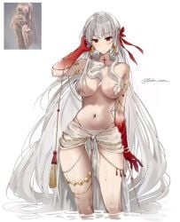 big_breasts convenient_censoring durga_(fate) fate/grand_order fate_(series) fine_art_parody history hourglass_figure indian partially_submerged red_hands reference_image snake topless white_hair yakshi_figure_sculpture