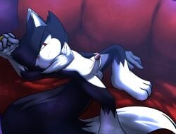 absurd_res anthro bigtail canid canine canis chest_fur detailed_background fan_character fluffy fluffy_tail fur furniture genitals hi_res kenthewolf light lying lying_on_sofa male mammal moonlight multicolored_body multicolored_fur nude on_sofa penis red_eyes sega shaded sofa soft_shading solo sonic_the_hedgehog_(series) steam tail tired wolf xxkenthewolfxx