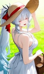 1girl 1girls ai_generated female female_only hiyuki_(wuthering_waves) impacter no_watermark pixai red_eyes sfw solo solo_female sun_hat sundress white_eyelashes white_hair wife wuthering_waves