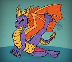 absurd_res activision animal_genitalia dragon feral genital_slit genitals heyupyoursjr hi_res knot knotted_penis male mythological_creature mythological_scalie mythology penis presenting raised_leg scalie solo spyro_the_dragon stretching tail wings