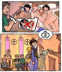 2girls angry angry_face black_hair caught caught_in_the_act caught_naked chosen_one_(fallout) church clothed_male_nude_female doggyawoo fallout fallout_2 father_and_daughter father_and_son forced_wedding gun jacket laughing lesbian lesbian_sex nude_female old_male pubic_hair red_hair scared_expression shoulder_length_hair smile suprised_look teenage_female teenage_girl teenager vault_girl vault_suit wedding wedding_dress