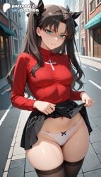 1girls 2026 ai_assisted ai_generated anime clothes_lift fate/stay_night fate_(series) hi_res high_quality high_resolution highres lifted_by_self long_hair panties patreon patreon_username rin_tohsaka skirt skirt_lift skypassion stable_diffusion thighhighs tohsaka_rin underwear watermark white_panties