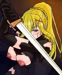 1girl ass blonde_hair blush bodysuit braided_base breasts darkness_(konosuba) female_only hair_rings hehil_art huge_ass kono_subarashii_sekai_ni_shukufuku_wo! large_breasts long_hair looking_at_viewer mature_female nipples ponytail solo sword thick_thighs thighs torn_bodysuit torn_clothes weapon
