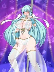 1girl 1girls areola areolae armband bare_shoulders blue_hair breast_milk breasts cleavage clit clitoris commission dancer dancer_outfit dancing dragon dragon_girl dragon_humanoid fire_emblem fire_emblem:_the_blazing_blade highres ice ice_dragon jewelry lactating lactation large_breasts long_hair long_nipples loutaniart manakete milk ninian_(fire_emblem) nintendo nipples panties pelvic_curtain pink_nipples pole pole_dancing puffy_nipples pussy pussy_juice pussy_juice_drip red_eyes saliva saliva_trail snowflake snowflakes solo solo_female thick_thighs thighhighs thighs translucent_clothing wide_hips