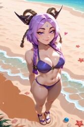 1girls ai_generated beach bikini breasts fake_horns from_above full_body heavenly_art large_breasts league_of_legends purple_eyes purple_hair riot_games smiling_at_viewer solo yunara_(league_of_legends)