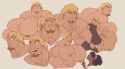 1boy1girl abs bara black_hair blonde_hair brown_gloves defined_back defined_muscles defined_pecs disney esmeralda expression_sheet facial_hair hyper_moobs hyper_muscles hyper_muscular multiple_views muscles nipples pecs pecs_touching pectorals phoebus remert tan_skin white_background