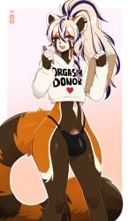 absurd_res ailurid anthro biped bulge clothed clothed_anthro clothed_male clothing countershade_torso countershading femboy fingers fur genitals hair hi_res looking_at_viewer male mammal penis red_panda simple_background smile solo tail teeth text text_on_clothing text_on_topwear thericegoat tongue topwear