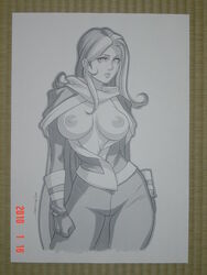 1girls 2009 anna_marie breasts breasts_out daikon_(artist) female female_only marvel marvel_comics monochrome rogue_(x-men) solo straight_hair tagme x-men