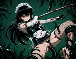 ai_art ai_generated blood_splatter covered_nipples dark_hair disgusted green_background kagome_higurashi katana maid_costume maid_outfit medium_breasts tentacle_sex violation violence